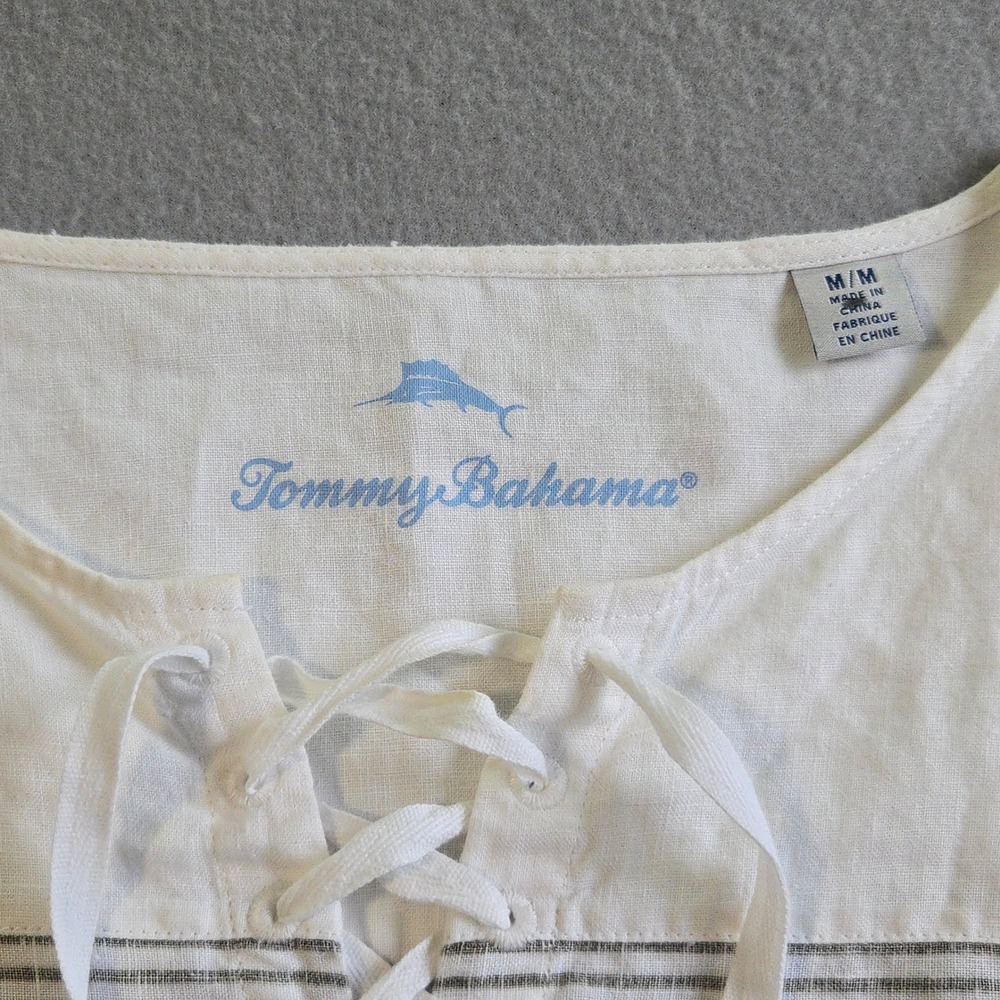 Tommy Bahama Tunic Top Women Medium White Tan Striped 100% Linen Lace Up Coastal - Picture 4 of 7